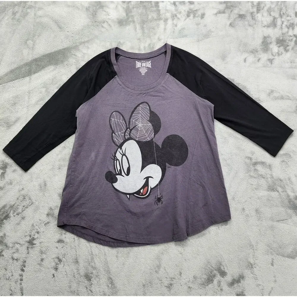 True Vintage from Torrid Top Womens 00 M/10‎ Gray Minnie Mouse Raglan Halloween